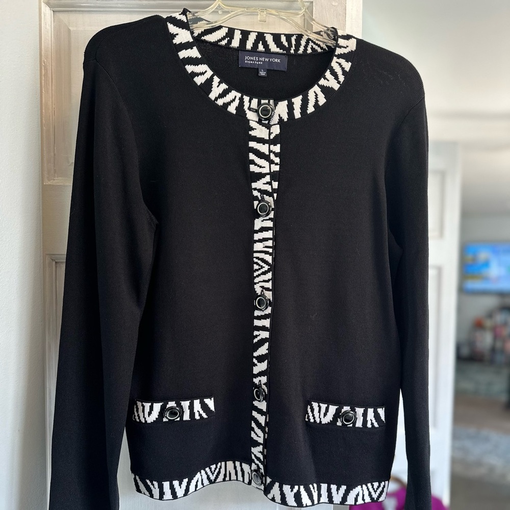 Jones New York Black Cardigan with Zebra Trim -sz. L